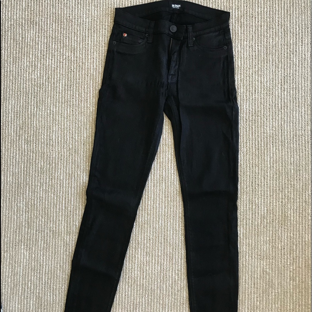 Hudson shinny black skinny jeans w/ low-cut waist